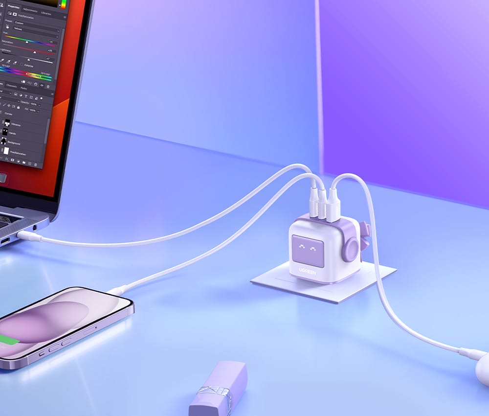 Image shows the purple charger with multiple device being charged of it.