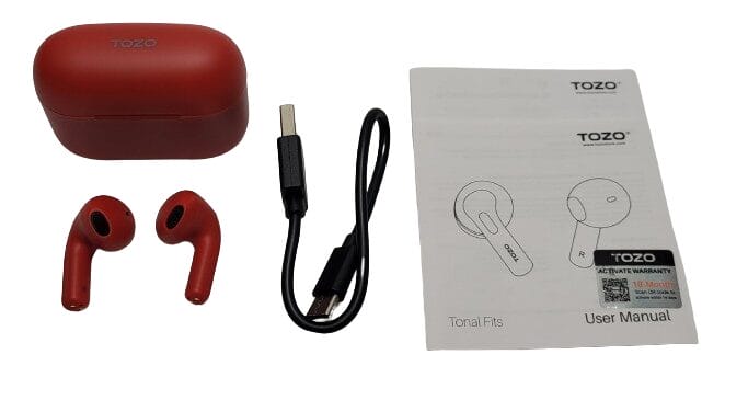 Image shows the included contents of the TOZO Tonal Fits T21 in a laid out position.