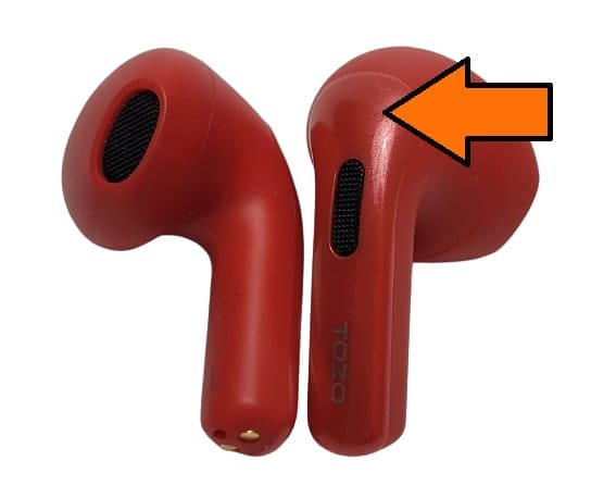 Image shows an orange arrow to indicate where the touch sensitive area is located on the TOZO Tonal Fits T21 earbuds.