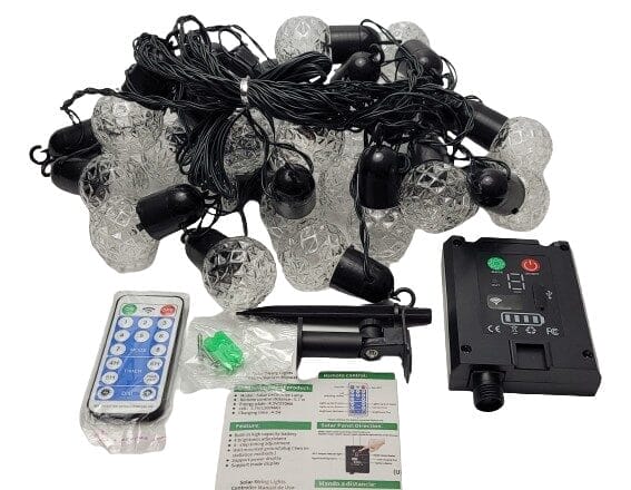 Image shows the included contents of the Aourow LED Solar Festoon Lights.