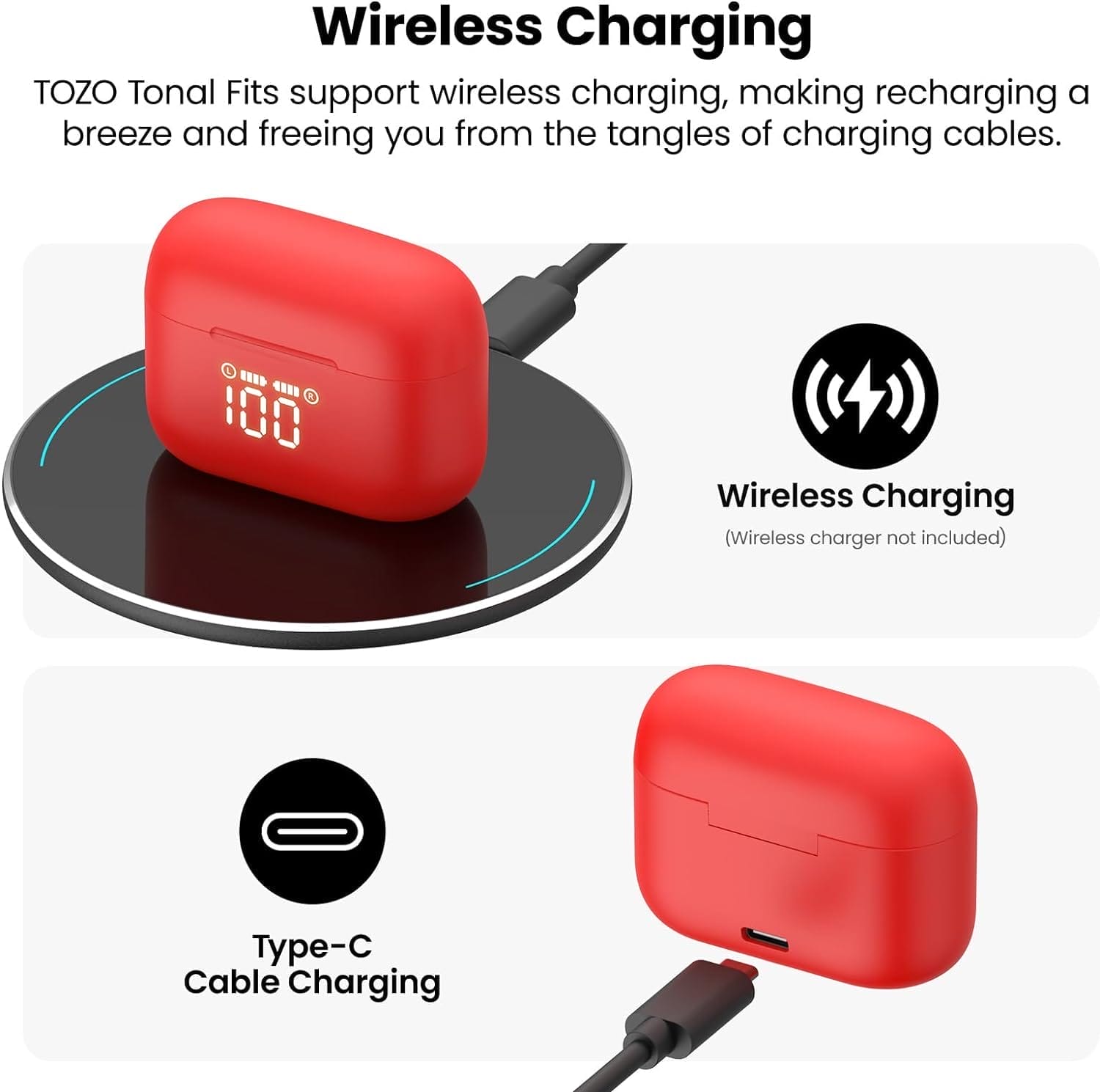 Image shows the way you can charge the TOZO Tonal Fits T21.