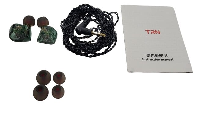 Image shows the included contents for the TRN MT1 IEM's.