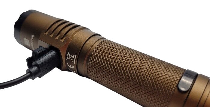 Image shows the charging position of the Acebeam T35 Flashlight.
