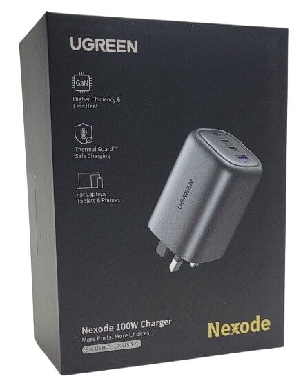 Image shows the outer box of the UGREEN Nexode 100W GaN Wall Charger.