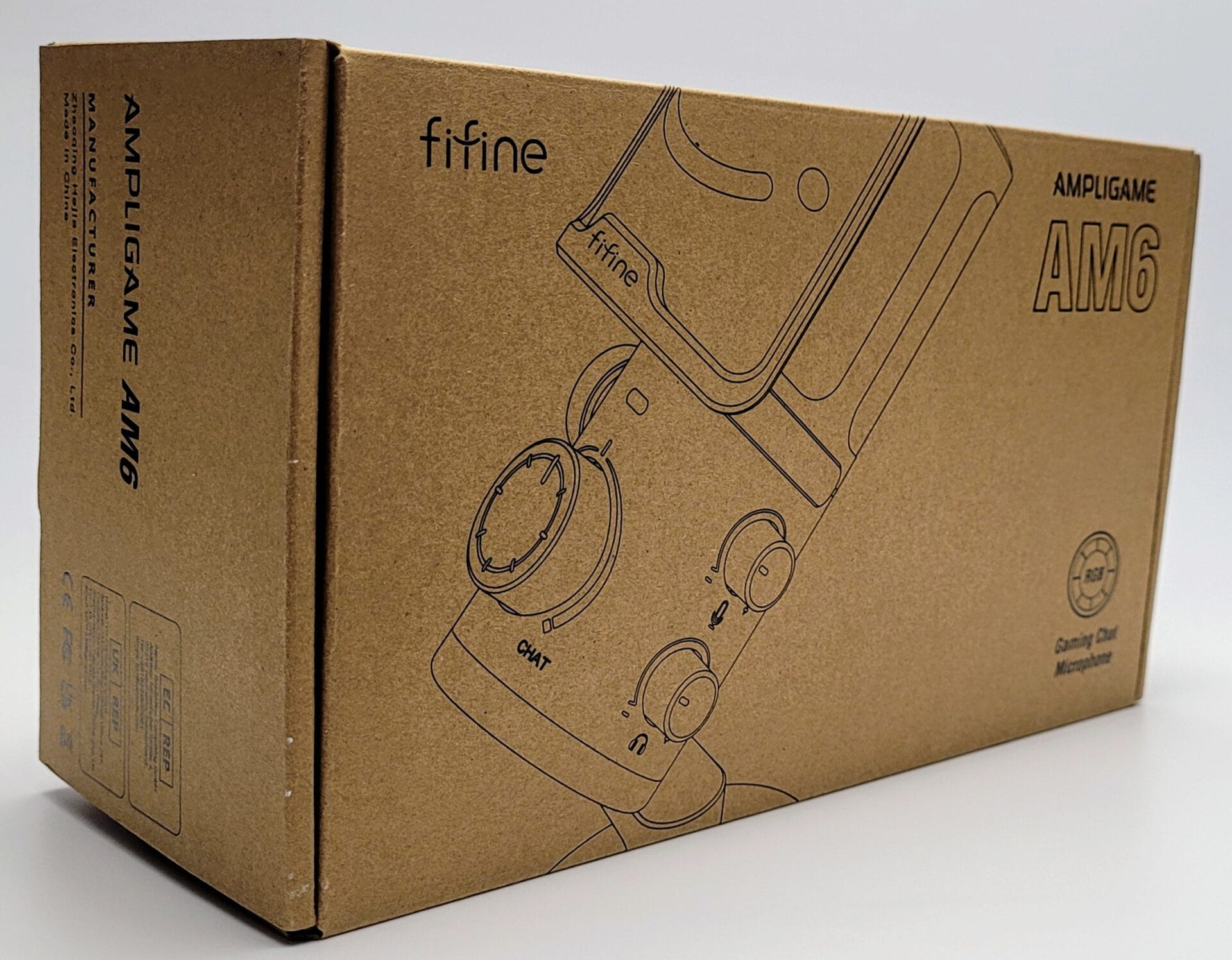 Image shows the outer box of the FIFINE Ampligame AM6 Microphone.