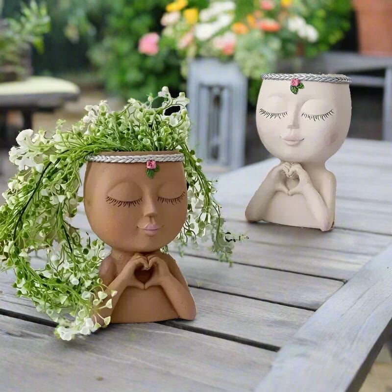 Boho-Girl-Face-Flower-Pot-Planter-Rustic-Bust-Ornament-Art-Statue