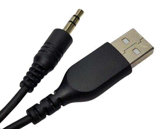Image shows the USB and 3.5mm AUX cable side by side.