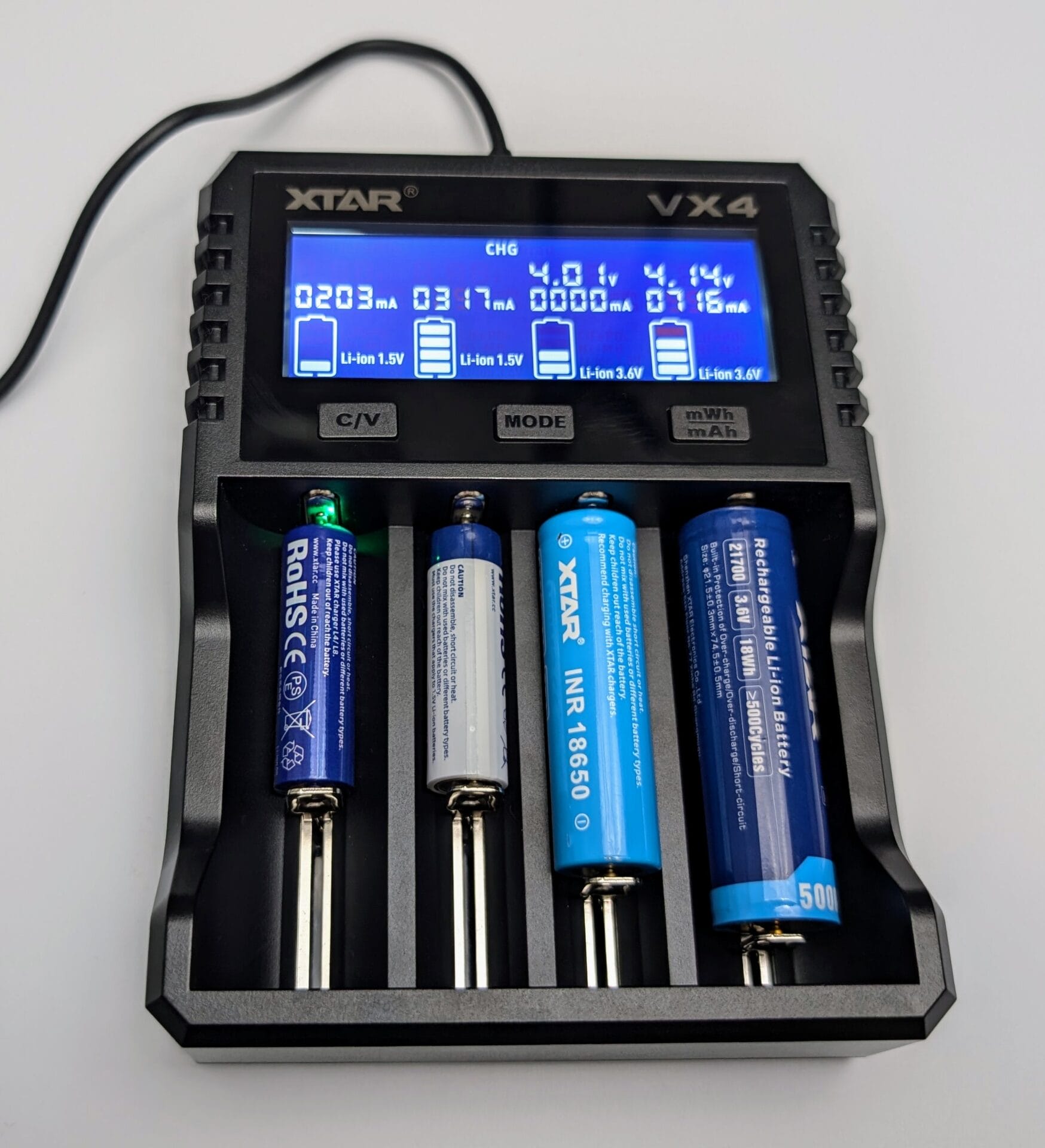 Image shows a selection of batteries in charging mode.