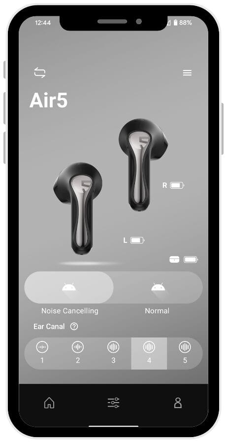 Image of a smartphone screen displaying the SoundPEATS Air5 app interface. The screen shows the model name 'Air5' at the top. Below it, there are two images of the earbuds labeled 'L' for left and 'R' for right, each with a battery icon indicating their charge level. Underneath the earbuds, there are two options for sound modes: 'Noise Cancelling' on the left and 'Normal' on the right, with 'Noise Cancelling' currently selected. Below these options, there are five levels of ear canal settings represented by icons with different numbers of sound waves, with level 4 highlighted. At the bottom of the screen, there are three icons: a home icon, a settings icon, and a user profile icon.