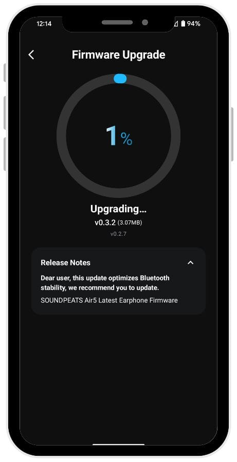 Image of a smartphone screen showing the firmware upgrade process for SoundPEATS Air5 earbuds. The screen displays 'Firmware Upgrade' at the top. Below this, there is a circular progress indicator showing '1%' completion with a blue dot indicating the progress. The text 'Upgrading...' is shown, followed by 'v0.3.2 (3.07MB)' indicating the current firmware version, and 'v0.2.7' indicating the version being upgraded from. At the bottom, there is a section titled 'Release Notes' with a message: 'Dear user, this update optimizes Bluetooth stability, we recommend you to update.' Below this, it mentions 'SOUNDPEATS Air5 Latest Earphone Firmware'.