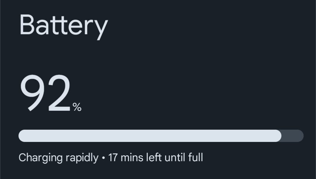 Screenshot of a battery status display showing 'Battery' at the top, with the current charge level at 92%. Below the percentage, there's a progress bar indicating the charge level, and text below it reads 'Charging rapidly • 17 mins left until full'.