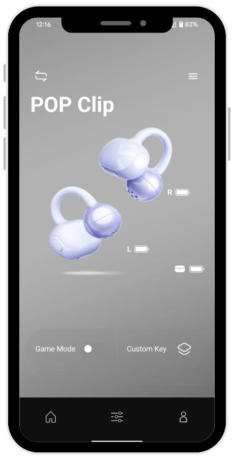 A smartphone screen displays the SoundPEATS POP Clip app interface at 12:16 with 83% battery. The screen shows two light purple earbuds with clip-style hooks, labeled "POP Clip." Battery indicators for the left (L) and right (R) earbuds are shown, along with options for "Game Mode" (off) and "Custom Key" settings.
