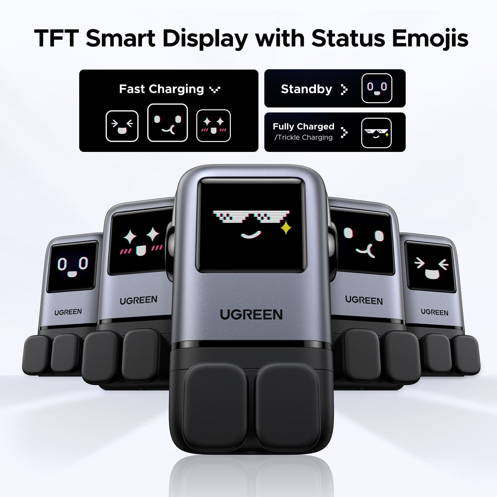 A promotional image for the UGREEN TFT Smart Display with Status Emojis, showcasing five UGREEN chargers with grey and black designs and black charging pads. Each charger features a digital screen displaying different emoji statuses: Fast Charging (various excited emojis), Standby (neutral face), and Fully Charged/Trickle Charging (sunglasses emoji). The text above highlights the smart display feature with corresponding emoji indicators.