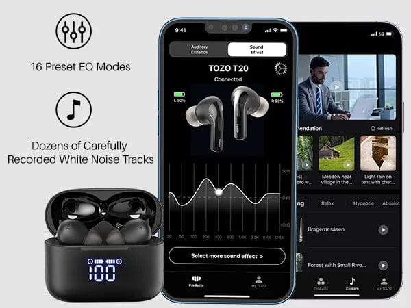 Image of a black TOZO T20 wireless earbuds charging case with a digital display showing "100," containing two earbuds. Next to it, a smartphone screen displays the TOZO T20 app interface, showing the earbuds connected with 90% battery, an equalizer with sound settings, and options for 16 preset EQ modes and white noise tracks. Another phone screen on the right shows a video call and relaxation sound options.