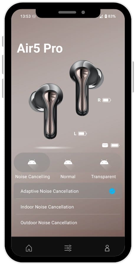 SoundPEATS Air5 Pro Earbuds Alt text: Image of a smartphone screen displaying the SoundPEATS Air5 Pro app interface. The screen shows two black earbuds with metallic accents labeled "L" and "R" with battery icons. The time is 13:53, and the battery level is 83%. The app offers noise cancellation options: Adaptive Noise Cancellation (selected), Indoor Noise Cancellation, and Outdoor Noise Cancellation, with Normal and Transparent modes also available. Navigation icons are visible at the bottom.